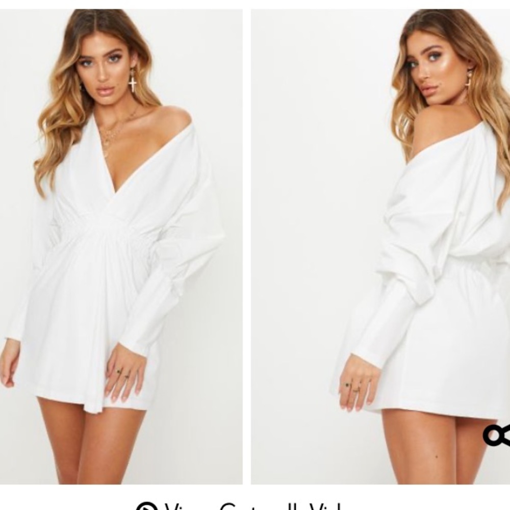 PLT White Plunge Ruched Shirt Dress